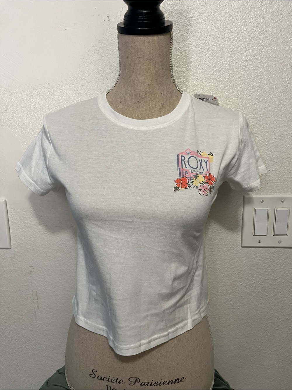 Roxy White Tee with Pink & Orange Floral Crest